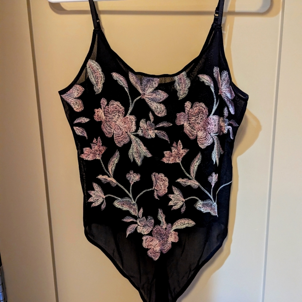 Express Black/Pink Floral Embroidered  Bodysuit Size M